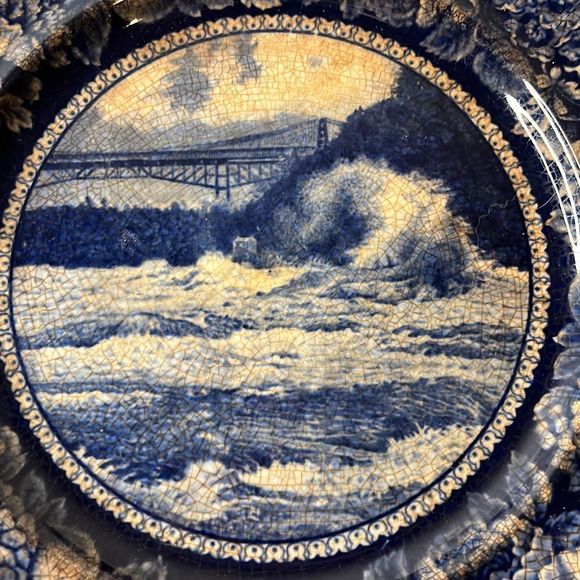 WHIRLPOOL RAPIDS Staffordshire England navy blue tan plate vintage - Picture 2 of 4